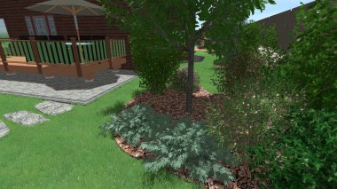 Memleketin peyzaj tasarımının 3 boyutlu görüntüsü. Bölgenin peyzajı. Birleşik peyzaj ve peyzaj çözümlerinin bilgisayar görselleştirmesi.