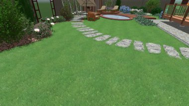 Memleketin peyzaj tasarımının 3 boyutlu görüntüsü. Bölgenin peyzajı. Birleşik peyzaj ve peyzaj çözümlerinin bilgisayar görselleştirmesi.