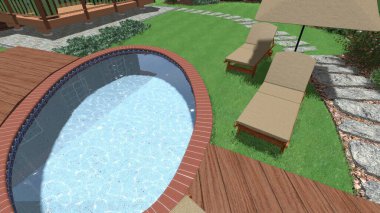 Memleketin peyzaj tasarımının 3 boyutlu görüntüsü. Bölgenin peyzajı. Birleşik peyzaj ve peyzaj çözümlerinin bilgisayar görselleştirmesi.