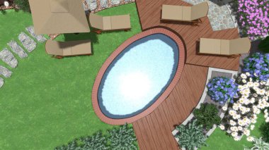 Memleketin peyzaj tasarımının 3 boyutlu görüntüsü. Bölgenin peyzajı. Birleşik peyzaj ve peyzaj çözümlerinin bilgisayar görselleştirmesi.