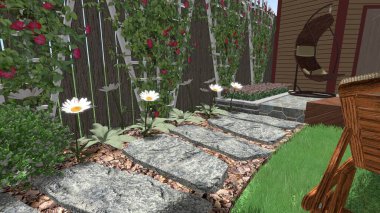 Memleketin peyzaj tasarımının 3 boyutlu görüntüsü. Bölgenin peyzajı. Birleşik peyzaj ve peyzaj çözümlerinin bilgisayar görselleştirmesi.