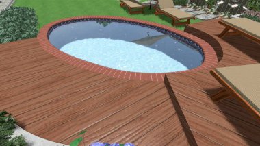 Memleketin peyzaj tasarımının 3 boyutlu görüntüsü. Bölgenin peyzajı. Birleşik peyzaj ve peyzaj çözümlerinin bilgisayar görselleştirmesi.