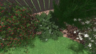 Memleketin peyzaj tasarımının 3 boyutlu görüntüsü. Bölgenin peyzajı. Birleşik peyzaj ve peyzaj çözümlerinin bilgisayar görselleştirmesi.