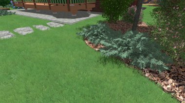 Memleketin peyzaj tasarımının 3 boyutlu görüntüsü. Bölgenin peyzajı. Birleşik peyzaj ve peyzaj çözümlerinin bilgisayar görselleştirmesi.