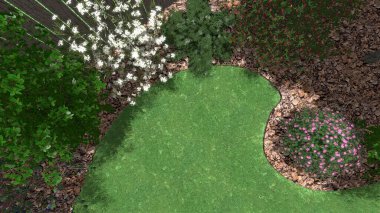 Memleketin peyzaj tasarımının 3 boyutlu görüntüsü. Bölgenin peyzajı. Birleşik peyzaj ve peyzaj çözümlerinin bilgisayar görselleştirmesi.