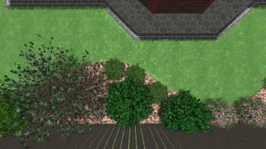 Memleketin peyzaj tasarımının 3 boyutlu görüntüsü. Bölgenin peyzajı. Birleşik peyzaj ve peyzaj çözümlerinin bilgisayar görselleştirmesi.