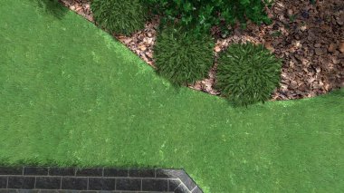 Memleketin peyzaj tasarımının 3 boyutlu görüntüsü. Bölgenin peyzajı. Birleşik peyzaj ve peyzaj çözümlerinin bilgisayar görselleştirmesi.