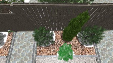 Memleketin peyzaj tasarımının 3 boyutlu görüntüsü. Bölgenin peyzajı. Birleşik peyzaj ve peyzaj çözümlerinin bilgisayar görselleştirmesi.