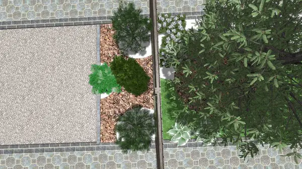 Memleketin peyzaj tasarımının 3 boyutlu görüntüsü. Bölgenin peyzajı. Birleşik peyzaj ve peyzaj çözümlerinin bilgisayar görselleştirmesi.