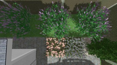 Memleketin peyzaj tasarımının 3 boyutlu görüntüsü. Bölgenin peyzajı. Birleşik peyzaj ve peyzaj çözümlerinin bilgisayar görselleştirmesi.