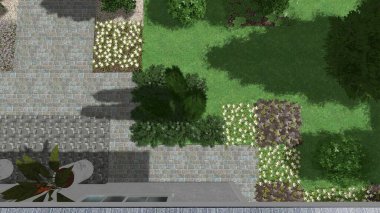 Memleketin peyzaj tasarımının 3 boyutlu görüntüsü. Bölgenin peyzajı. Birleşik peyzaj ve peyzaj çözümlerinin bilgisayar görselleştirmesi.