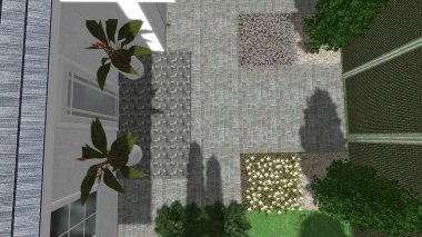 Memleketin peyzaj tasarımının 3 boyutlu görüntüsü. Bölgenin peyzajı. Birleşik peyzaj ve peyzaj çözümlerinin bilgisayar görselleştirmesi.