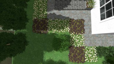 Memleketin peyzaj tasarımının 3 boyutlu görüntüsü. Bölgenin peyzajı. Birleşik peyzaj ve peyzaj çözümlerinin bilgisayar görselleştirmesi.