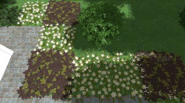 Memleketin peyzaj tasarımının 3 boyutlu görüntüsü. Bölgenin peyzajı. Birleşik peyzaj ve peyzaj çözümlerinin bilgisayar görselleştirmesi.