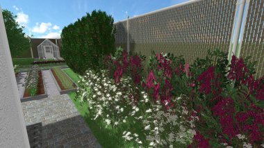 Memleketin peyzaj tasarımının 3 boyutlu görüntüsü. Bölgenin peyzajı. Birleşik peyzaj ve peyzaj çözümlerinin bilgisayar görselleştirmesi.