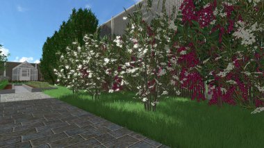 Memleketin peyzaj tasarımının 3 boyutlu görüntüsü. Bölgenin peyzajı. Birleşik peyzaj ve peyzaj çözümlerinin bilgisayar görselleştirmesi.