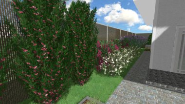 Memleketin peyzaj tasarımının 3 boyutlu görüntüsü. Bölgenin peyzajı. Birleşik peyzaj ve peyzaj çözümlerinin bilgisayar görselleştirmesi.