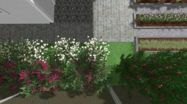 Memleketin peyzaj tasarımının 3 boyutlu görüntüsü. Bölgenin peyzajı. Birleşik peyzaj ve peyzaj çözümlerinin bilgisayar görselleştirmesi.