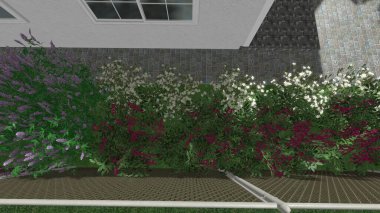 Memleketin peyzaj tasarımının 3 boyutlu görüntüsü. Bölgenin peyzajı. Birleşik peyzaj ve peyzaj çözümlerinin bilgisayar görselleştirmesi.