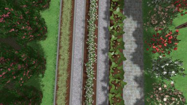 Memleketin peyzaj tasarımının 3 boyutlu görüntüsü. Bölgenin peyzajı. Birleşik peyzaj ve peyzaj çözümlerinin bilgisayar görselleştirmesi.