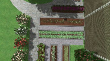 Memleketin peyzaj tasarımının 3 boyutlu görüntüsü. Bölgenin peyzajı. Birleşik peyzaj ve peyzaj çözümlerinin bilgisayar görselleştirmesi.