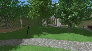 Memleketin peyzaj tasarımının 3 boyutlu görüntüsü. Bölgenin peyzajı. Birleşik peyzaj ve peyzaj çözümlerinin bilgisayar görselleştirmesi.