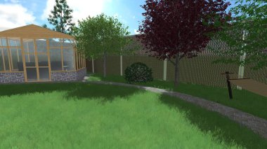 Memleketin peyzaj tasarımının 3 boyutlu görüntüsü. Bölgenin peyzajı. Birleşik peyzaj ve peyzaj çözümlerinin bilgisayar görselleştirmesi.