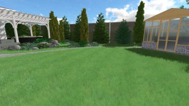 Memleketin peyzaj tasarımının 3 boyutlu görüntüsü. Bölgenin peyzajı. Birleşik peyzaj ve peyzaj çözümlerinin bilgisayar görselleştirmesi.