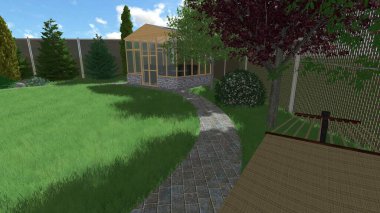 Memleketin peyzaj tasarımının 3 boyutlu görüntüsü. Bölgenin peyzajı. Birleşik peyzaj ve peyzaj çözümlerinin bilgisayar görselleştirmesi.