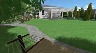 Memleketin peyzaj tasarımının 3 boyutlu görüntüsü. Bölgenin peyzajı. Birleşik peyzaj ve peyzaj çözümlerinin bilgisayar görselleştirmesi.