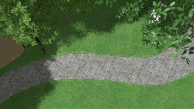 Memleketin peyzaj tasarımının 3 boyutlu görüntüsü. Bölgenin peyzajı. Birleşik peyzaj ve peyzaj çözümlerinin bilgisayar görselleştirmesi.