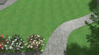 Memleketin peyzaj tasarımının 3 boyutlu görüntüsü. Bölgenin peyzajı. Birleşik peyzaj ve peyzaj çözümlerinin bilgisayar görselleştirmesi.