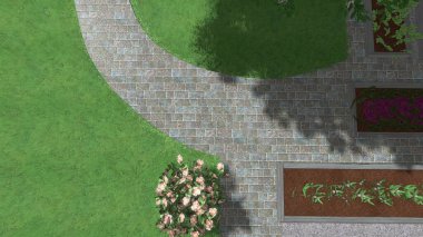 Memleketin peyzaj tasarımının 3 boyutlu görüntüsü. Bölgenin peyzajı. Birleşik peyzaj ve peyzaj çözümlerinin bilgisayar görselleştirmesi.