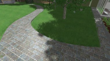 Memleketin peyzaj tasarımının 3 boyutlu görüntüsü. Bölgenin peyzajı. Birleşik peyzaj ve peyzaj çözümlerinin bilgisayar görselleştirmesi.