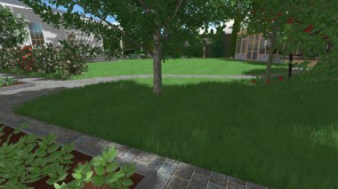 Memleketin peyzaj tasarımının 3 boyutlu görüntüsü. Bölgenin peyzajı. Birleşik peyzaj ve peyzaj çözümlerinin bilgisayar görselleştirmesi.