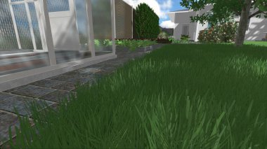 Memleketin peyzaj tasarımının 3 boyutlu görüntüsü. Bölgenin peyzajı. Birleşik peyzaj ve peyzaj çözümlerinin bilgisayar görselleştirmesi.