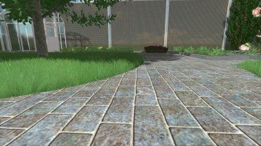 Memleketin peyzaj tasarımının 3 boyutlu görüntüsü. Bölgenin peyzajı. Birleşik peyzaj ve peyzaj çözümlerinin bilgisayar görselleştirmesi.