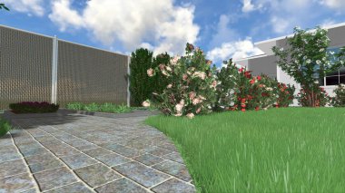 Memleketin peyzaj tasarımının 3 boyutlu görüntüsü. Bölgenin peyzajı. Birleşik peyzaj ve peyzaj çözümlerinin bilgisayar görselleştirmesi.