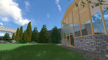 Memleketin peyzaj tasarımının 3 boyutlu görüntüsü. Bölgenin peyzajı. Birleşik peyzaj ve peyzaj çözümlerinin bilgisayar görselleştirmesi.