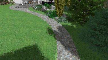 Memleketin peyzaj tasarımının 3 boyutlu görüntüsü. Bölgenin peyzajı. Birleşik peyzaj ve peyzaj çözümlerinin bilgisayar görselleştirmesi.