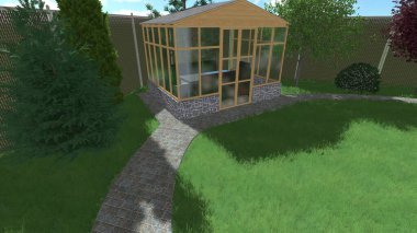 Memleketin peyzaj tasarımının 3 boyutlu görüntüsü. Bölgenin peyzajı. Birleşik peyzaj ve peyzaj çözümlerinin bilgisayar görselleştirmesi.