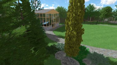 Memleketin peyzaj tasarımının 3 boyutlu görüntüsü. Bölgenin peyzajı. Birleşik peyzaj ve peyzaj çözümlerinin bilgisayar görselleştirmesi.