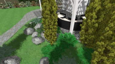 Memleketin peyzaj tasarımının 3 boyutlu görüntüsü. Bölgenin peyzajı. Birleşik peyzaj ve peyzaj çözümlerinin bilgisayar görselleştirmesi.