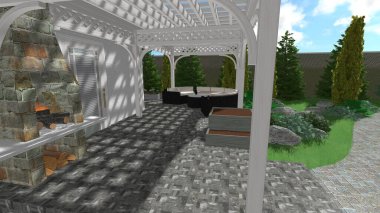 Memleketin peyzaj tasarımının 3 boyutlu görüntüsü. Bölgenin peyzajı. Birleşik peyzaj ve peyzaj çözümlerinin bilgisayar görselleştirmesi.