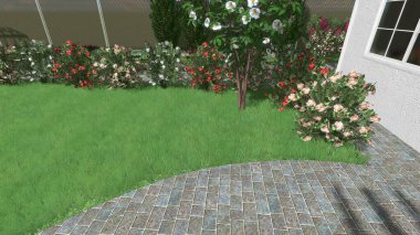 Memleketin peyzaj tasarımının 3 boyutlu görüntüsü. Bölgenin peyzajı. Birleşik peyzaj ve peyzaj çözümlerinin bilgisayar görselleştirmesi.