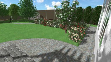 Memleketin peyzaj tasarımının 3 boyutlu görüntüsü. Bölgenin peyzajı. Birleşik peyzaj ve peyzaj çözümlerinin bilgisayar görselleştirmesi.