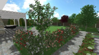 Memleketin peyzaj tasarımının 3 boyutlu görüntüsü. Bölgenin peyzajı. Birleşik peyzaj ve peyzaj çözümlerinin bilgisayar görselleştirmesi.