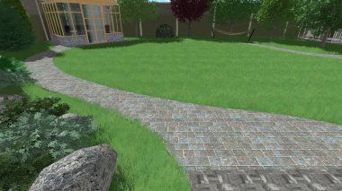 Memleketin peyzaj tasarımının 3 boyutlu görüntüsü. Bölgenin peyzajı. Birleşik peyzaj ve peyzaj çözümlerinin bilgisayar görselleştirmesi.