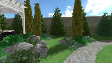 Memleketin peyzaj tasarımının 3 boyutlu görüntüsü. Bölgenin peyzajı. Birleşik peyzaj ve peyzaj çözümlerinin bilgisayar görselleştirmesi.