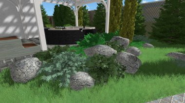 Memleketin peyzaj tasarımının 3 boyutlu görüntüsü. Bölgenin peyzajı. Birleşik peyzaj ve peyzaj çözümlerinin bilgisayar görselleştirmesi.